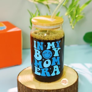 Mom Gifts Glass Tumbler – In My Boy Mom Era Coffee Glass Cup with Lid & Straw – Mama’s Boy Gift, Engagement Gift , Gifts for Her
