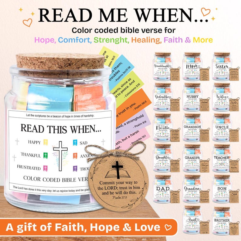 May include: A glass jar with a cork lid filled with colorful Bible verses. The jar is labeled "Read This When..." and includes a wooden tag with a Bible verse. Additional small jars with labels like "Mom" and "Sister" are also visible.