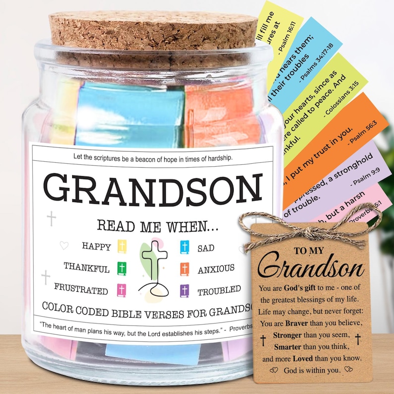 May include: A glass jar with a cork lid filled with colorful Bible verses for a grandson. The jar has a label that reads "Grandson" and "Read Me When..." with various emotions listed. A small tag reads "To My Grandson."