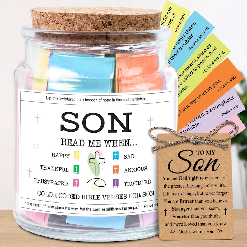 May include: A glass jar with a cork lid filled with colorful Bible verses. The jar has a label that reads "SON" and "READ ME WHEN..." with various emotions listed. A small tag reads "TO MY Son".