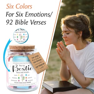 May include: A glass jar with a cork lid, filled with colorful slips of paper. The jar has a label that reads "Hey my Bestie, Read Me When..." and "Color Coded Bible Verses." A tag reads "Our Laughs are limitless, Our Memories are countless, Our Friendship is endless."