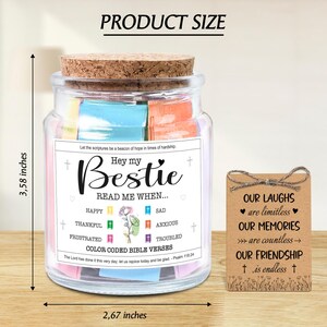 May include: A glass jar with a cork lid, labeled "Hey my Bestie, Read Me When..." and filled with colorful folded notes. The jar is 3.58 inches tall and 2.67 inches wide. A small card reads "Our Laughs are limitless, Our Memories are countless, Our Friendship is endless."