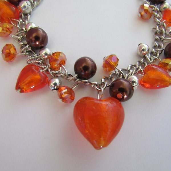 Orange heart foil glass lampwork brown glass pearls beaded adjustable charm chain bracelet fall autumn bracelet