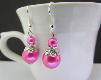 Hot pink glass pearl dangle earrings - pierced earrings - pink drop earrings wedding formal jewerly Christmas earrings holiday jewelry