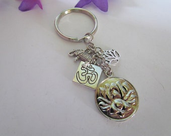 Lotus flower Om symbol ganesha elephant flower keychain charm key ring Buddhism yoga zen silver tone metal  graduate Christmas gift