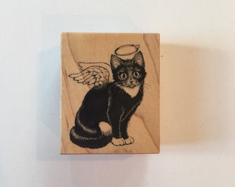 Destash Black and White Cute Angel Kitty Cat with wings and halo Rubber Stamp with Wooden Base