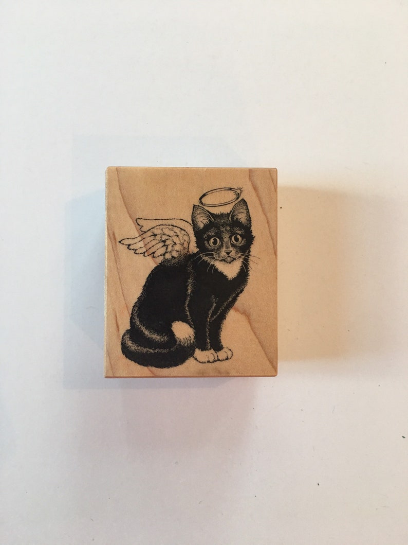 Destash Black and White Cute Angel Kitty Cat with wings and halo Rubber Stamp with Wooden Base