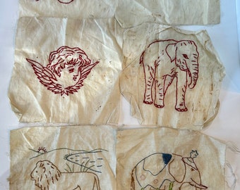 Vintage embroidery sampler quilt pieces red work cheeub elephant passenger pigeon lion stitchery SET of 6