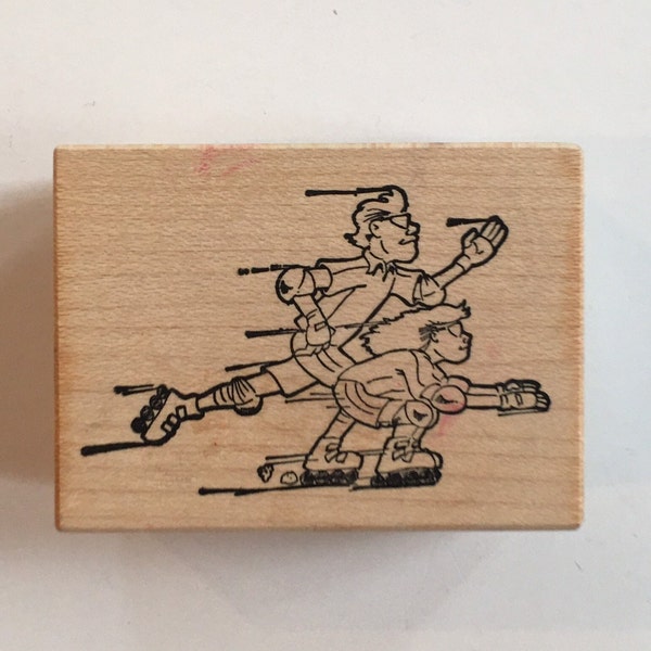 Vintage roller blading couple rubber stamp used roller skating red rubber stamp destash greeting cards junk journals by Stampa  Rosa 1990s