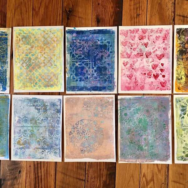 Gelli prints  8.5 x11 set of  10 handmade bright colored PAPER junk journal pages or mixed media Abstract backgrounds or collage 8.5 x 11