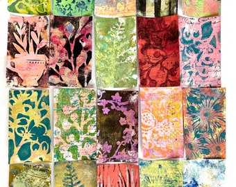 GELLI PRINTS Floral abstract  index  Cards 20  pieces handprinted  UNIQUE for  junk journals collage   scrap paper Gell print