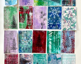 GELLI PRINTS Christmas index  Cards set of 20  handprinted  UNIQUE  junk journals collage scrap paper Gell print Trees snowflake pine cone