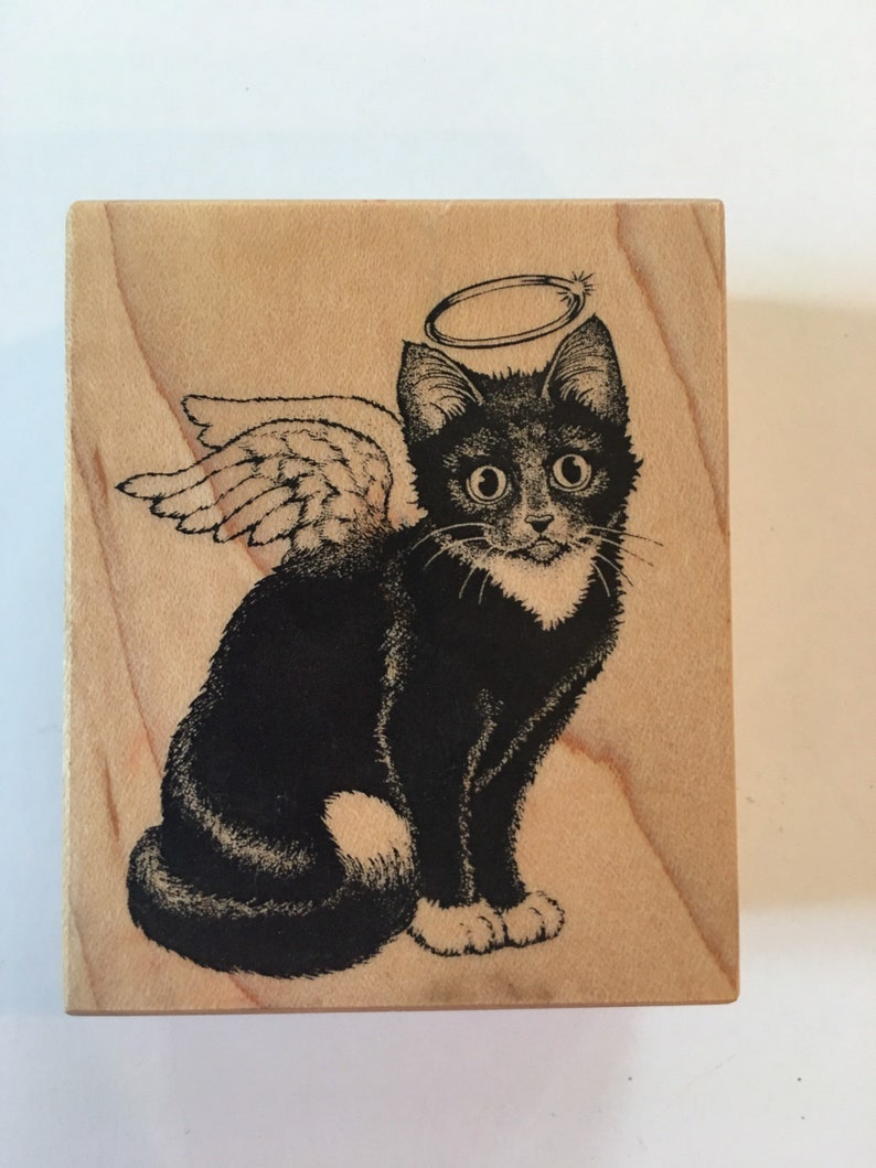 Destash Black and White Cute Angel Kitty Cat with wings and halo Rubber Stamp with Wooden Base