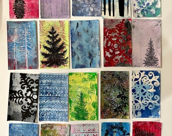 GELLI PRINTS Winter abstract index  Cards set of 20  handprinted  UNIQUE  junk journals collage scrap paper Gell print Trees snowflakes pine