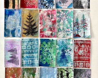 GELLI PRINTS Winter abstract index  Cards set of 20  handprinted  UNIQUE  junk journals collage scrap paper Gell print Trees snowflakes pine