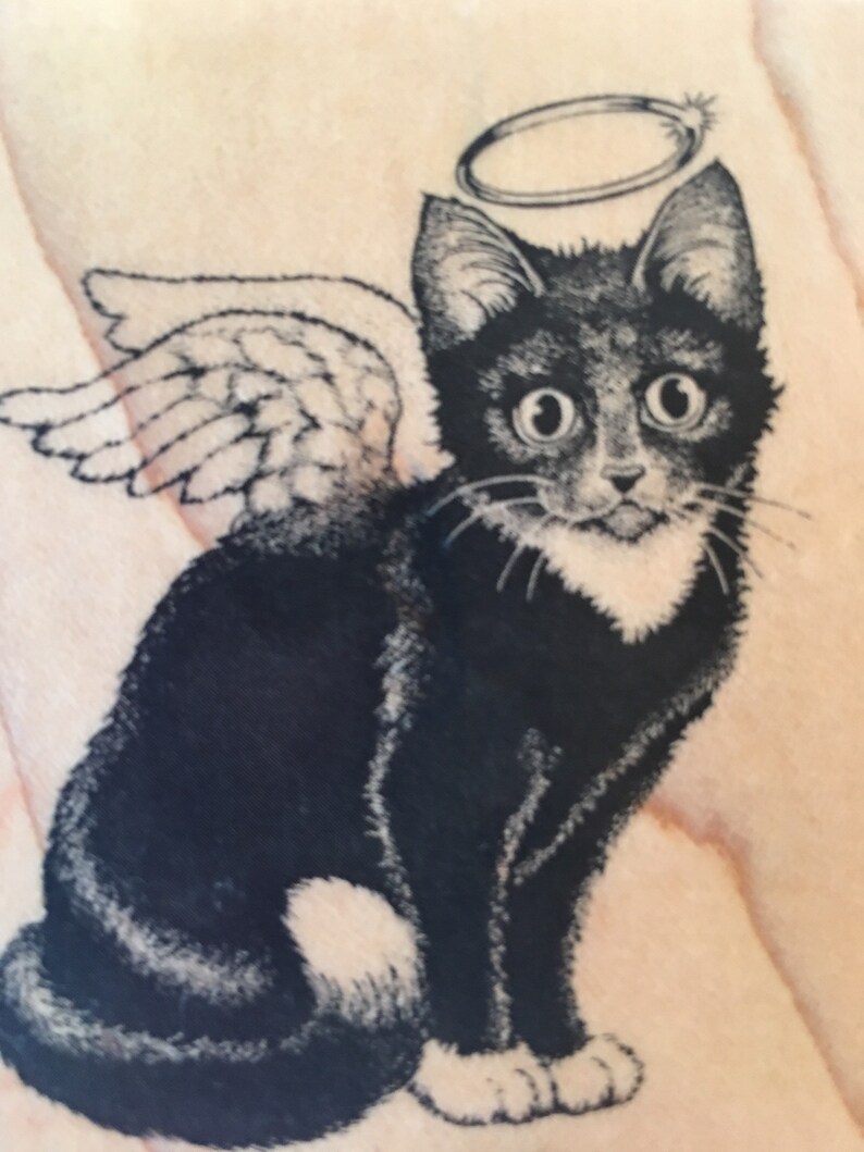Destash Black and White Cute Angel Kitty Cat with wings and halo Rubber Stamp with Wooden Base