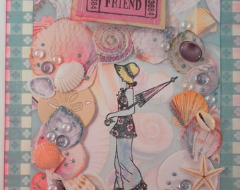 Shadow box Original mixed media beachy Forever Friend Framed OOAK Collage  Vintage Inspired Glitter touched Seaside Stroller