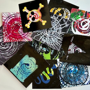 Halloween SPIN ART handmade painted  PAPER set of 12 silhouettes  for junk journal pages collage Spooky greeting card supply paper grab bag