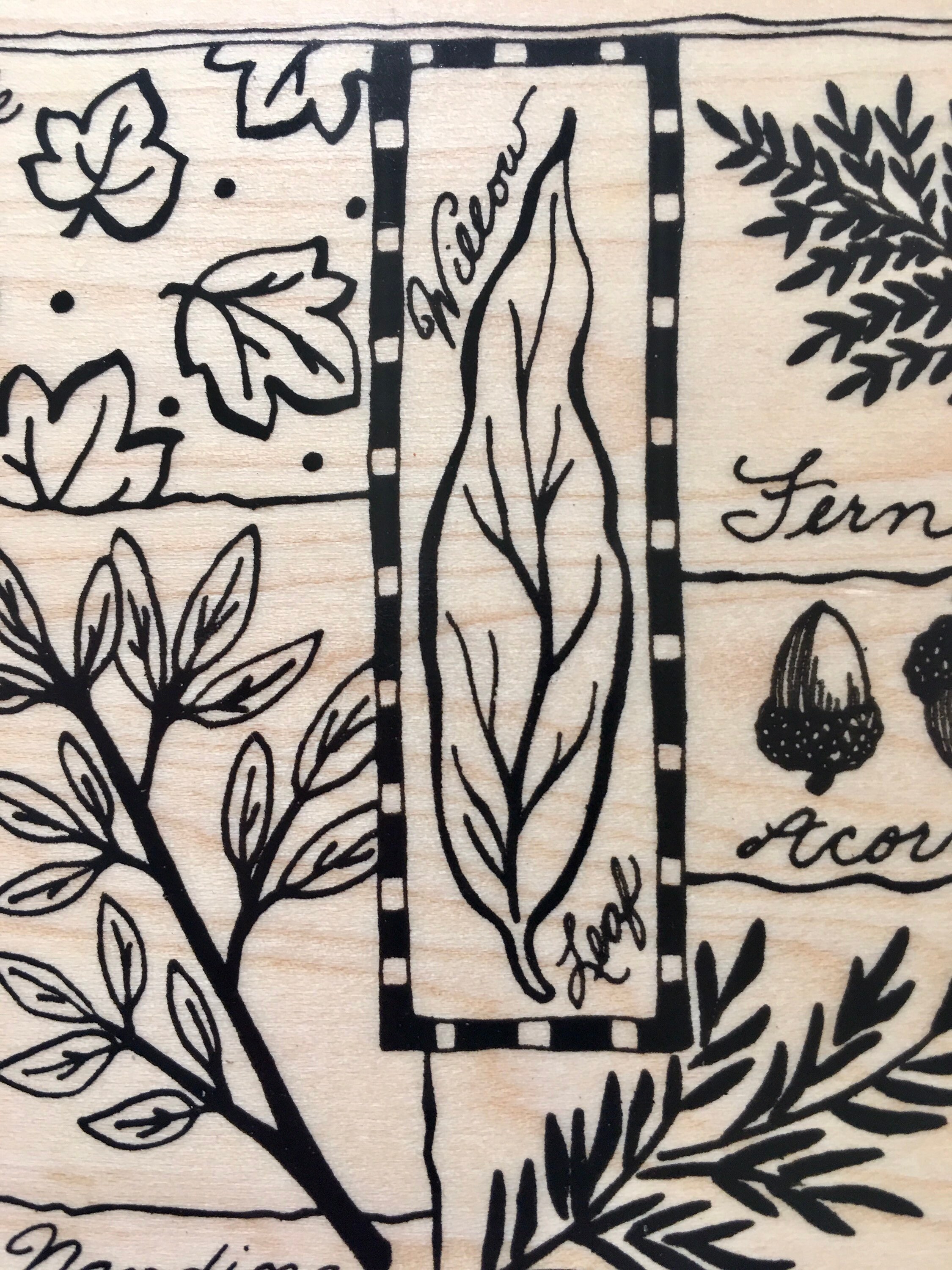 Vintage PSX Nature Collage Fern Pine Bamboo Leaf Acorn Red