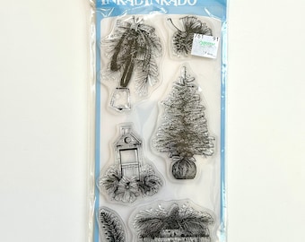 Inkadinkado Farmhouse Christmas Winter clear stamps Set of 6 NIP Card making  Forest stamps Pinecones Lantern Birch  logs
