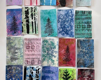 GELLI PRINTS Winter abstract index  Cards set of 20  handprinted  UNIQUE  junk journals collage scrap paper Gell print Trees snowflakes pine