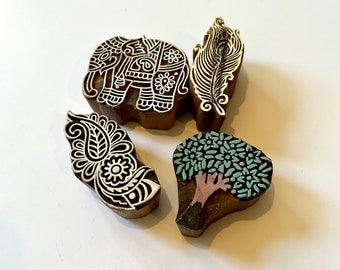 Destash  set of 4 carved wood  India  style  block stamps  of elephant  tree feather paisley  fabric paper or Gelli printing free shipping