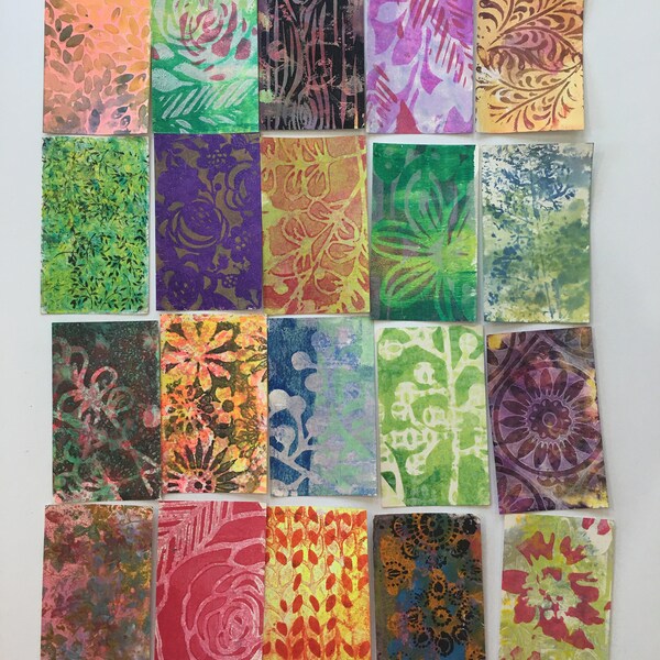 GELLI PRINTS Floral nature printed index  Cards 20  pieces handprinted  UNIQUE for  junk journals collage   scrap paper Gell print