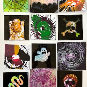 Halloween handmade PAPER  spin art painted set of 12 Halloween  junk journal pages collage Cards snake paper grab bag ooak spooky  supply
