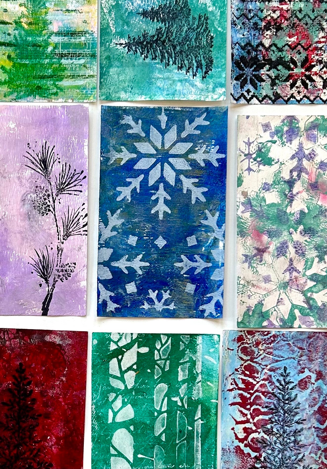 GELLI PRINTS Christmas Index Cards Set of 20 Handprinted UNIQUE Junk ...