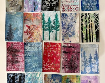 GELLI PRINTS Winter abstract index  Cards set of 20  handprinted  UNIQUE  junk journals collage scrap paper Gell print Trees snowflakes pine