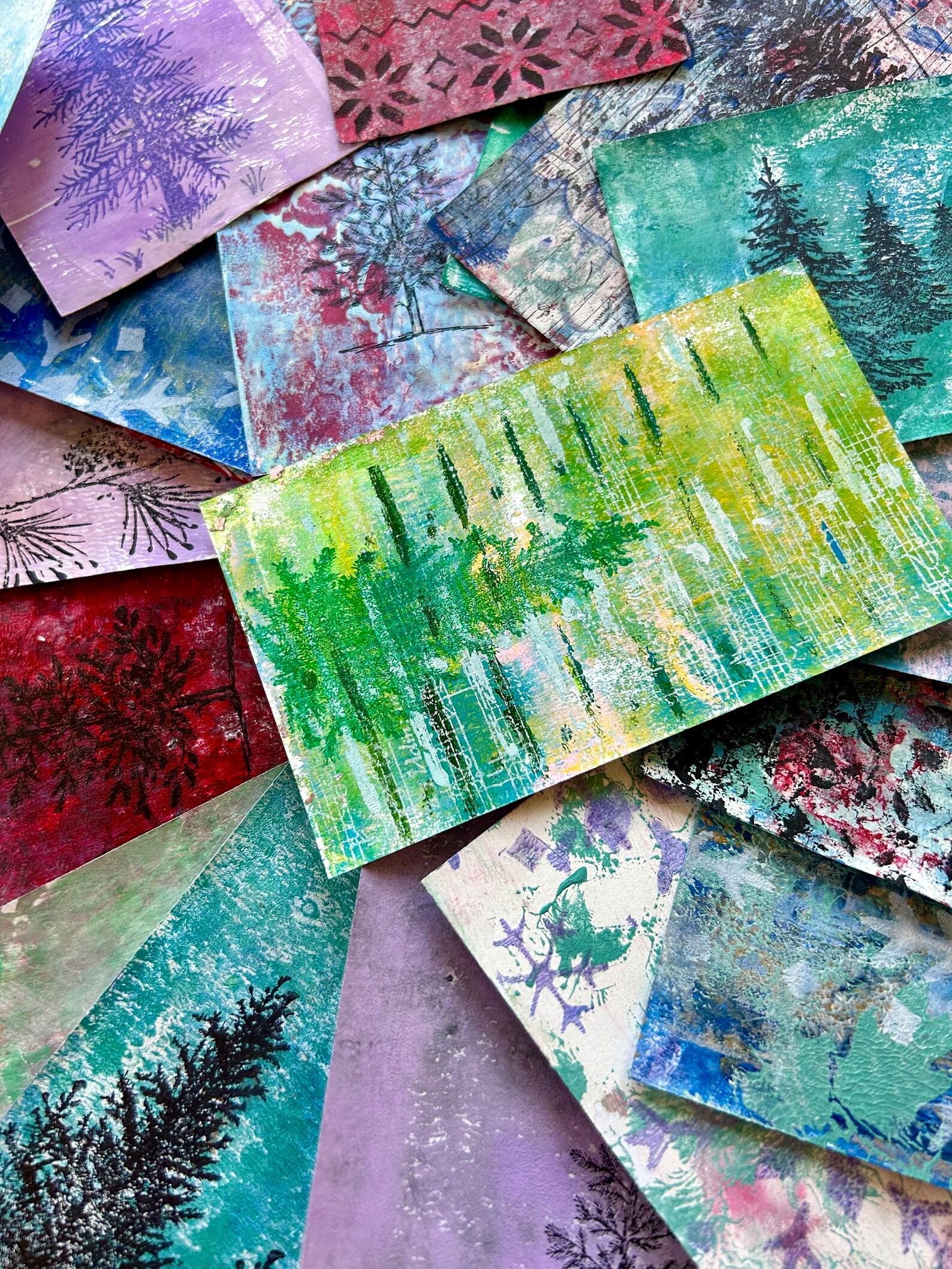 GELLI PRINTS Christmas Index Cards Set of 20 Handprinted UNIQUE Junk ...