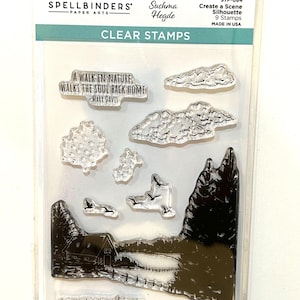 May include: Clear stamps featuring a scene of a house with a path leading to it, trees, clouds, birds, and the text "A walk in nature, walks the soul back home - Mary Davis" and "you are my home".