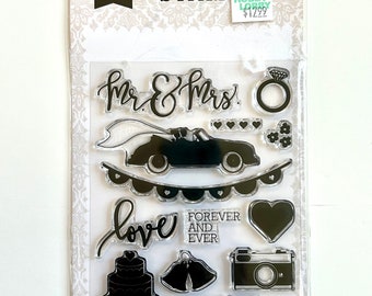 Echo Park Wedding clear stamps set of 14 bride groom limo photopolymer stamp wedding cake Mr and Mrs wedding ring banner stamp NIP