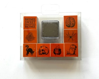 Halloween rubber stamps SET of 8 NEW   Haunted House cat brain witches caldron  Skull Spider  web gravestone  new with tiny ink pad