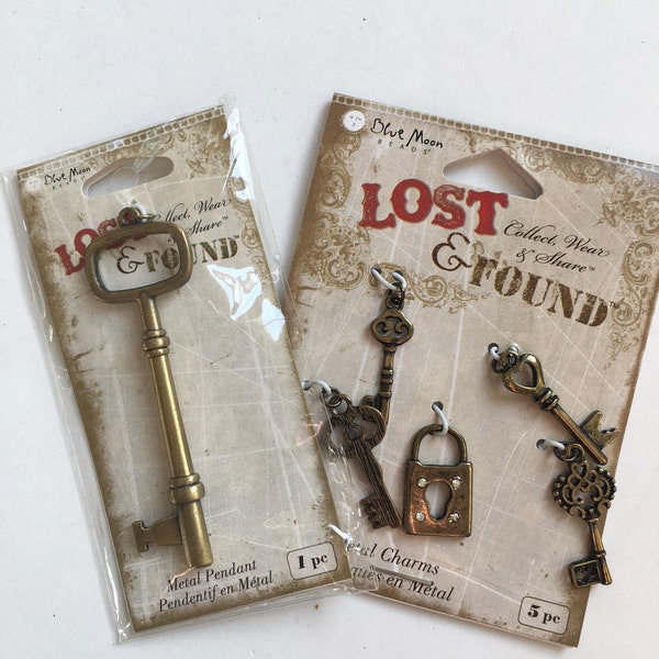 Blue Moon Beads Lost and Found pendants SET of 2 Big Key and  Tiny keys and Lockets pendants Charms Jewelry parts