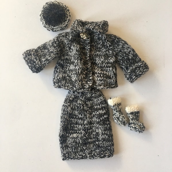 Doll Clothes hand knit 5 piece outfit black and white tweed  sweater jacket, skirt  hat and booties Barbie clothes Barbiecore