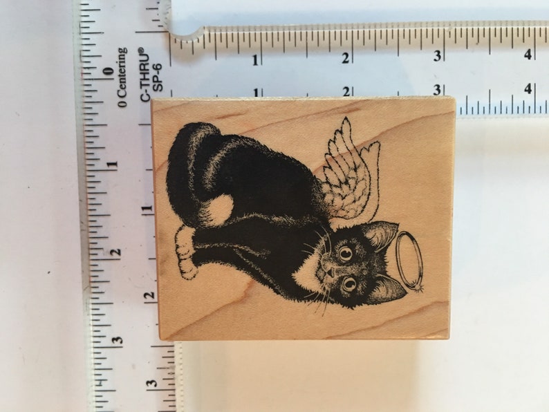 Destash Black and White Cute Angel Kitty Cat with wings and halo Rubber Stamp with Wooden Base