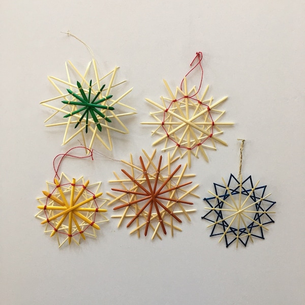 German style   Straw Snow Crystals  Ornaments  Straw stars  SET of 5  Handmade Bastel Strohhalme Basttelstroh