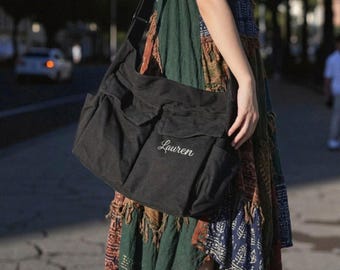 Vintage-Inspired Casual Messenger Bag - Personalized Embroidered Canvas Crossbody Sling Bag for Men and Women
