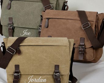 Personalized Embroidered  Vintage-Inspired Canvas Messenger Bag -  Retro Crossbody Laptop Satchel