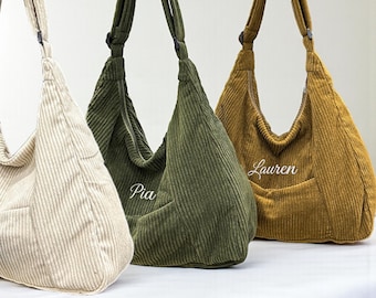 Bolso de hombro de pana de gran capacidad con bordado personalizado - Bolso tote tipo hobo con cremallera personalizado