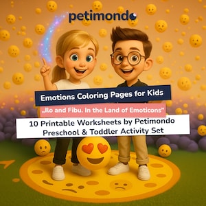 Pode incluir: Ilustração digital de duas crianças de desenho animado com o texto "Emotions Coloring Pages for Kids" e "10 Printable Worksheets by Petimondo Preschool & Toddler Activity Set". O fundo é preenchido com emoticons amarelos.