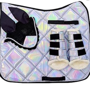 Holographic Saddle Pad Set – 3pc Equestrian Set with Glitter Pad, Matching Fly Veil & Boots – Futuristic Riding Tack