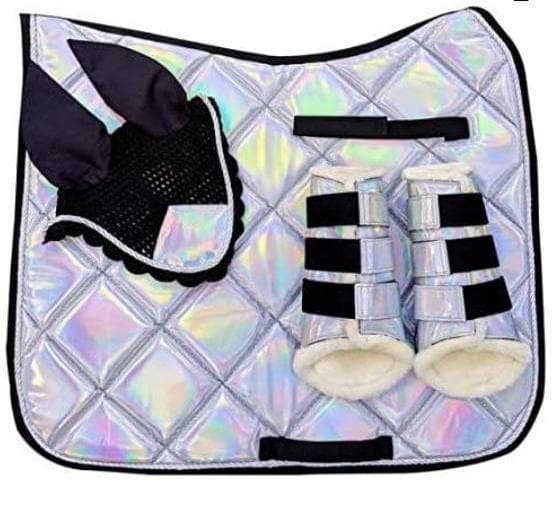 Holographic Saddle Pad Set – 3pc Equestrian Set with Glitter Pad, Matching Fly Veil & Boots – Futuristic Riding Tack