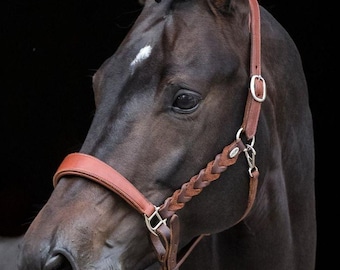 Cabezada de cuero hecha a mano para caballo: Ribete trenzado, ajuste regulable.