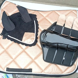 Luxury Saddle Pad Set – Gold Quilted Pad, Ear Bonnet & Boots | Horse Riding Gear