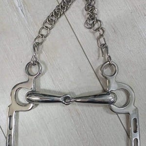 May include: A stainless steel horse bit with a chain and hooks. The bit has a curved mouthpiece and a pair of side pieces with slots. The chain connects the side pieces.