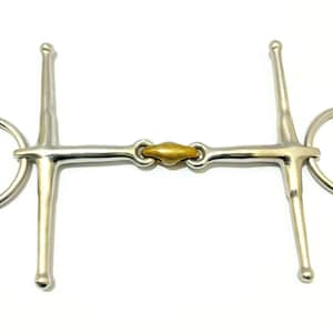 May include: A silver horse bit with a gold roller in the center. The bit has two rings on either side.