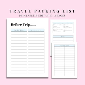 Printable Travel Packing List | Packing Checklist | Travel Planner| Vacation Planner