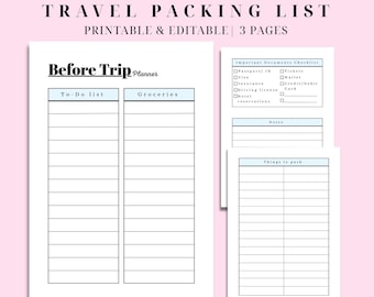 Lista de embalagem para viagem para impressão | Lista de verificação do planejador de férias | Download em PDF